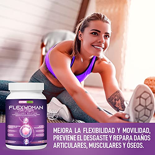 Flexwoman para Mujeres | 10g Colágeno Marino Peptan + Ácido Hialurónico + Vitamina C + Glucosamina + Boswellia | Elimina el dolor | Antiinflamatorio + analgésico | 400g