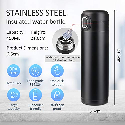 Flintronic Taza de Viaje, 450ml Termo Doble Pared De Aislamiento, Termo de Café, Versión Mejorada Frasco de Vacío de Acero Inoxidabl 316, Pantalla LED Táctil Inteligente con Temperatura, Negro