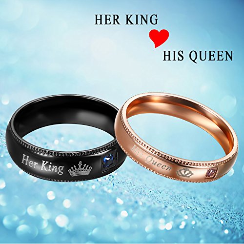 Flongo Anillos para Mujer, Anillos de Compromiso His Queen y Her King, Acero Inoxidable Anillos de Amor, Los Enamorados Regalo para San Valentín/Navidad, Talla 9 española