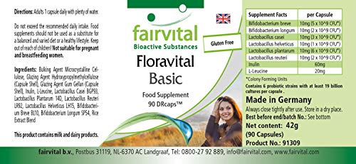 Flora Pro Basic - Probiótico para hombres y mujeres - Lactobacilos + Bifidobacterias + Inulina - 6 Cepas bacterianas y mín. 19 mil millones de organismos por cápsula - 90 Cápsulas