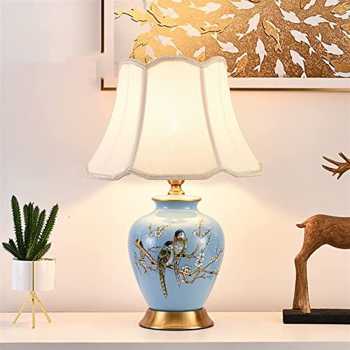 Florero de cerámica Grueso Lámpara de cabecera Porcelana Azul Toscana Dibujo Flor de Ciruelo ＆  Luz de Mesa de pájaro Iluminación cálida y Suave Oriental Mandarin Rural