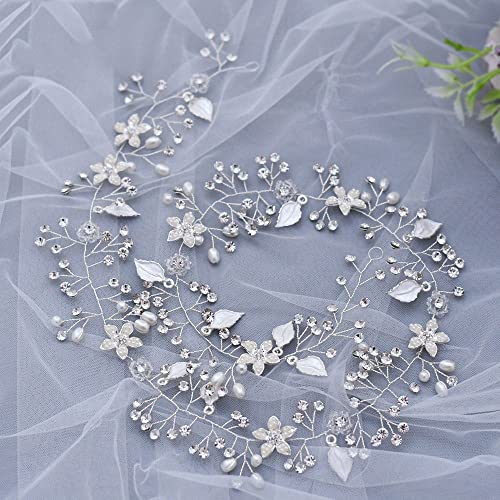 Flores Accesorios Cabello Mujer Trenza para Dama de Honor Peinado Boda Tocados Vid de Pelo Largo Diadema de Novia en Perla y Strass Adornos el Pelo Niñas Fiesta (76 cm / 30 Pulgadas), Silver