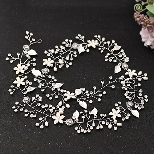 Flores Accesorios Cabello Mujer Trenza para Dama de Honor Peinado Boda Tocados Vid de Pelo Largo Diadema de Novia en Perla y Strass Adornos el Pelo Niñas Fiesta (76 cm / 30 Pulgadas), Silver