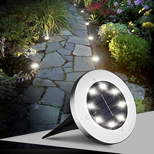 FLOWood (8Pcs) Luz Solar Jardin Decoracion Exterior 8LEDs, Lámpara Solar de Tierra, Impermeable, Acero Inoxidable, Luz suelo para Lawn de Suelo, Entrada de coches, Patios, Caminos, Blanco Luz