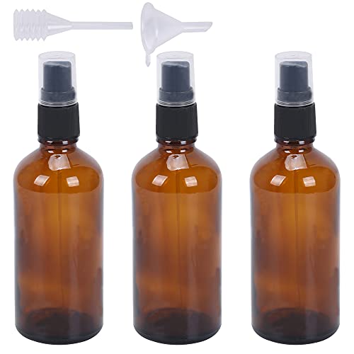 FOGAWA 3pcs Pulverizador Cristal Marrón de 100ml Botellas en Miniatura con Cabezal Pulverizador Bote Spray Botella de Aerosol Vacío Plástico con Embudo y Cuentagotas para Perfumes Masajes y Líquidos