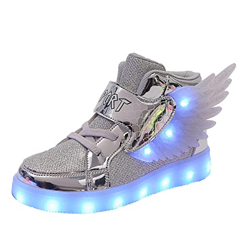 For niños DIRIGIÓ Zapatos intermitentes for niños y niñas con alas zapatillas intermitentes, carga de batería, zapatos brillantes de siete colores, regalos interesantes ( Color : Silver , Size : 28 )