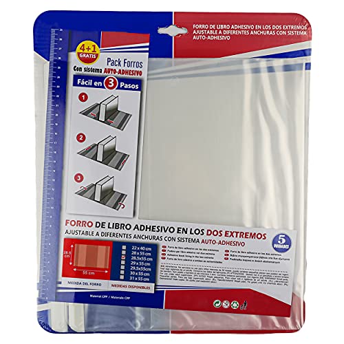 Forro de Libros Autoadhesivo y Ajustable Transparente Adhesivo en los dos Extremo - Pack de 5 Unidades Forra Fácil 28,5x55 cm