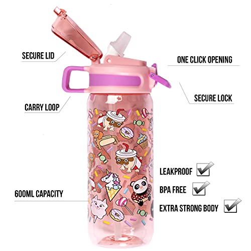 Fringoo - Animales y Golosinas - Botellas de Agua Libres de BPA - Botella de Agua con Pajita Rosa - Botella de Agua Reusable - 600 ml / 20 Oz