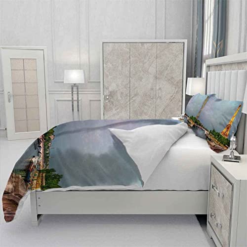 Funda Nordica Cama 105 Ropa de Cama Romance Torre de parís Paisaje Estampados 3D Suave Microfibra Funda Edredon 200x200 cm con 2 x Funda de Almohada 50x75 cm con Cremallera