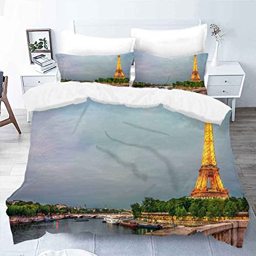 Funda Nordica Cama 105 Ropa de Cama Romance Torre de parís Paisaje Estampados 3D Suave Microfibra Funda Edredon 200x200 cm con 2 x Funda de Almohada 50x75 cm con Cremallera