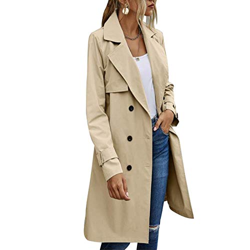 Gabardina de Doble Botonadura para Mujer con Blet Abrigo de Solapa Medio Largo clásico Abrigo clásico de otoño Invierno (Khaki, M)