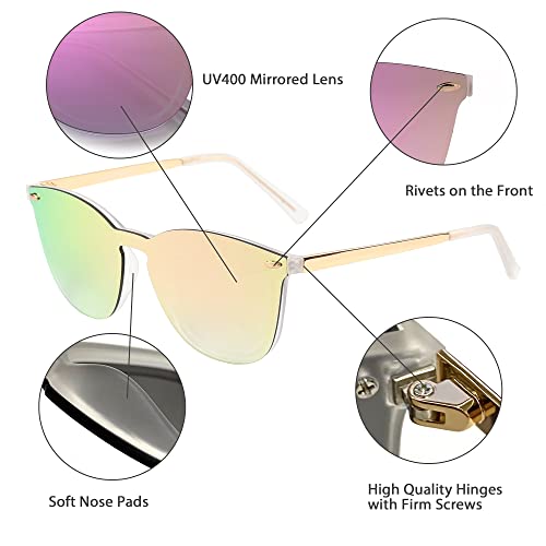 Gafas de Sol Sin Montura Una Pieza de Espejo Reflexivo Anteojos Para Hombre Mujer(Transparente Mate/Rosa Espejo)