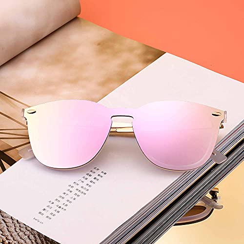 Gafas de Sol Sin Montura Una Pieza de Espejo Reflexivo Anteojos Para Hombre Mujer(Transparente Mate/Rosa Espejo)