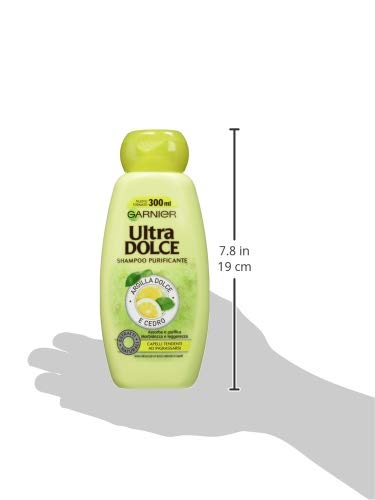 Garnier Ultra Dolce Champú Purificante arcilla Dolce y cedro para pelo tendenti ad ingrassarsi, sin parabeni, extractos nanturali, 300 ml