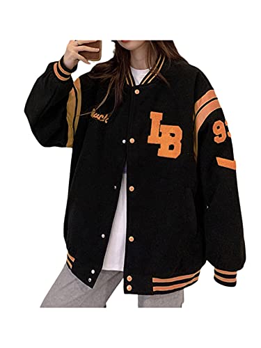 Geagodelia Mujer Chaqueta Elegante de Béisbol de Gran Talla con Manga Larga Sudaderas Largas de Hip Hop con Estampado de Letras Top de Y2K para Mujer (Negro , XL )