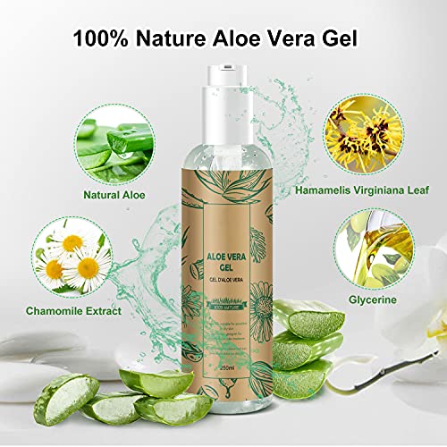 Gel de Aloe Vera con Manzanilla, 100% Natural Aloe Vera Crema para Hidratante para Pelo y Piel Ideal para Pieles Secas y Quemadas Por el Sol, Antisensible Antiinflamatorio Anti-Edad 250 ML