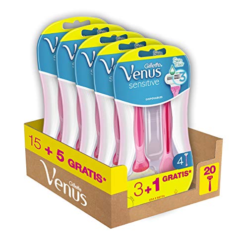 Gillette Venus Sensitive - Afeitadora para mujer, afeitado liso con tira hidratante, desechable, paquete de 5 x 4 cuchillas de repuesto de 3 cuchillas