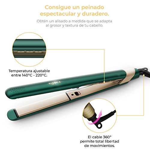 GKL - NATURE STYLER - Plancha de pelo profesional con tecnología iónica y 5 niveles de temperatura. Autoapagado y revestimiento especial de turmalina - 60W - Verde y Cobre