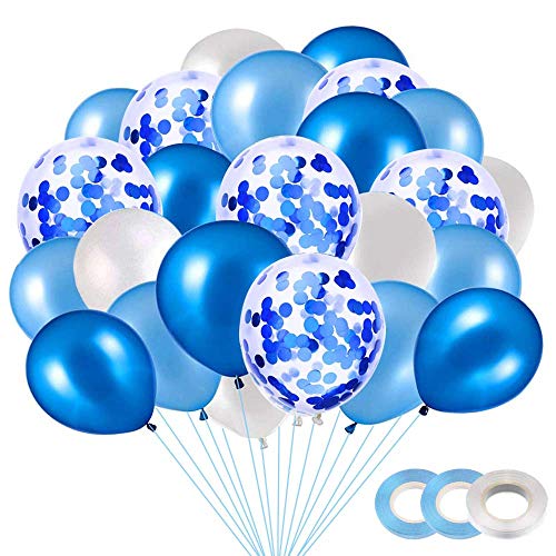 Globo Azul Metalizado, 40 Piezas Globos Blancos, Globo Confeti, Globos de Fiesta, Globos de látex Blancos, Globos de Helio Perla, para Decoraciones de cumpleaños (Azul)