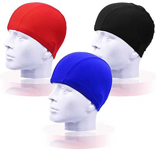 Gloryit 3 Piezas Gorros de Natación de Color Sólido Sombrero de Natación de Tela Poliester Gorro Baño Unisex Ser Aplicable Gorro Protección Antideslizante Oídos para Piscina(Negro,Rojo,Azul Real)