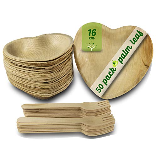 GoBeTree Vajilla desechable de 50 Piezas, 25 Platos con Forma de Corazon de Hoja de Palma de 16 cm y 25 Tenedores de Madera.