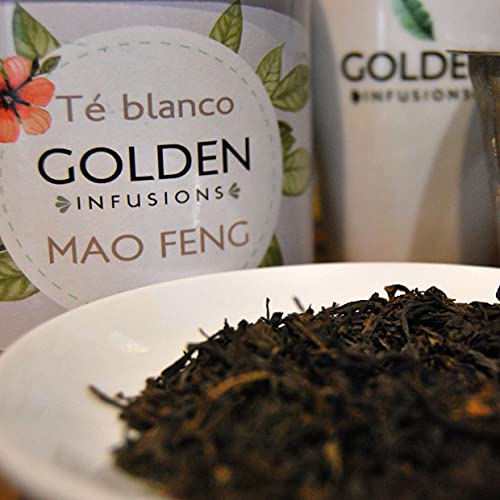 Golden Infusions - Té Blanco China Mao Feng - Lata de 100 g - Infusión a granel - Antioxidante - Mejora la Piel y Previene Arrugas - Vitamina C - Té Procedente de las Primeras Yemas de la Planta