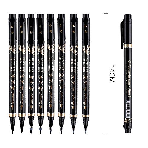 Goldge 8Pcs Pluma de Caligrafía, Pluma de Escritura Pincel Negros Bolígrafos de Tinta de Caligrafía Adecuado para Principiantes Escribiendo,Firma, Diseño Diseño y Dibujo