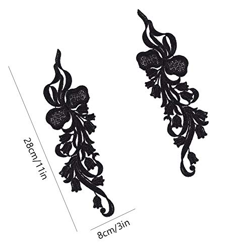 GORGECRAFT 2 pares de encaje con apliques de flores bordadas de encaje negro para manualidades, traje de costura (11 x 2.7 ~ 3 pulgadas)