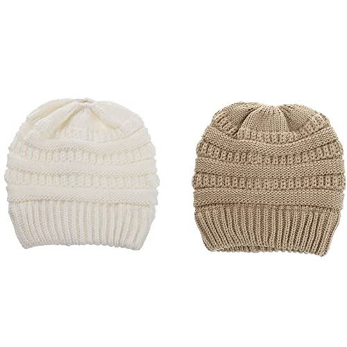 Gorro de Cola de Caballo,LYQQY 2 Piezas Gorro de Cola de Caballo de Punto Cálido y Elegante con Agujeros Ponytail Beanie Hat Mujer Gorros con Coleta para ir de Compras, Acampar, Correr, Caqui, Blanco