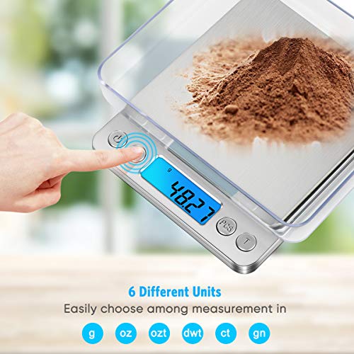 GPISEN Báscula Digitales de Precisión,Balanzas de Portátiles, Plato Removibles,con Pantalla LCD y 6 Unidades,Plataforma de Acero Inoxidable, Función de Tara, para Cocinar Joyería,Café-3kg x 0.1g