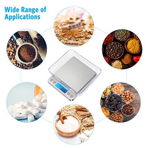 GPISEN Báscula Digitales de Precisión,Balanzas de Portátiles, Plato Removibles,con Pantalla LCD y 6 Unidades,Plataforma de Acero Inoxidable, Función de Tara, para Cocinar Joyería,Café-3kg x 0.1g