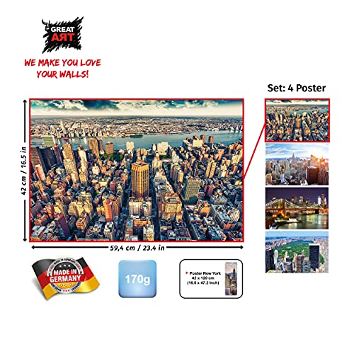 GREAT ART® juego de 4 motivos de carteles | Din A2 - 42 x 59,4 | vista de Nueva York | Manhattan Sightseeing Brooklyn Bridge Skyline Central Park | Cuadros para niños decoración póster