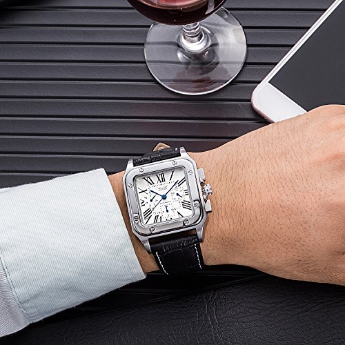 GUTE Reloj mecánico para Hombre,Automático Reloj,Plata Negro Dial Correa,de Cuero Multifunción Moda de Lujo