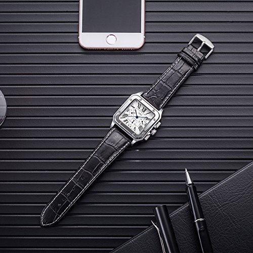 GUTE Reloj mecánico para Hombre,Automático Reloj,Plata Negro Dial Correa,de Cuero Multifunción Moda de Lujo