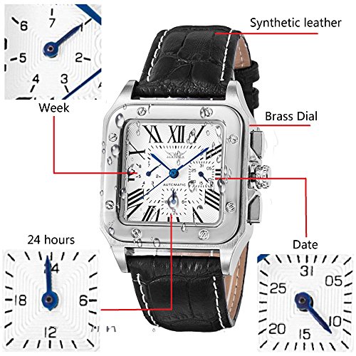 GUTE Reloj mecánico para Hombre,Automático Reloj,Plata Negro Dial Correa,de Cuero Multifunción Moda de Lujo