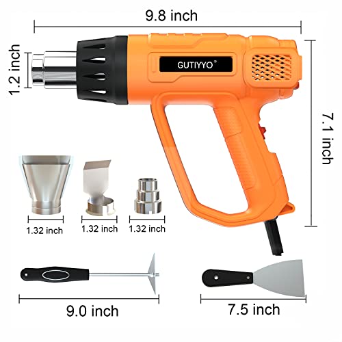 GUTIYYO Pistola de Calor,Pistola Aire Caliente 2000W,Pantalla LCD, Temperatura Ajustable (50°C-650°C) Volumen de Aire: 250-500l/min, Función de Memoria, 5 Accesorios Incluidos