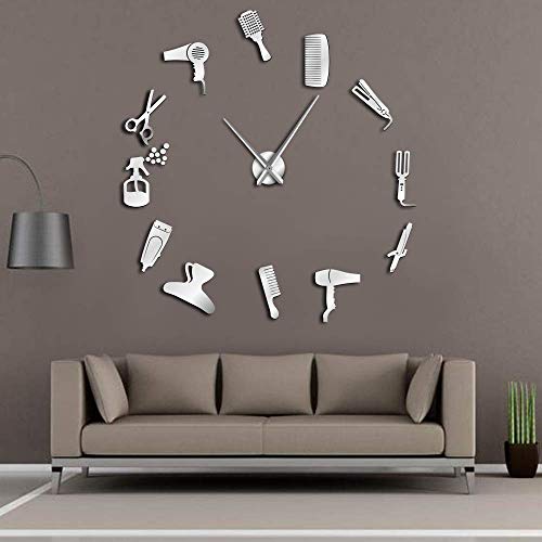 Haudang Reloj de pared gigante para peluquería con efecto espejo, juego de herramientas decorativas, sin marco, reloj de peluquería, decoración de pared, color plateado