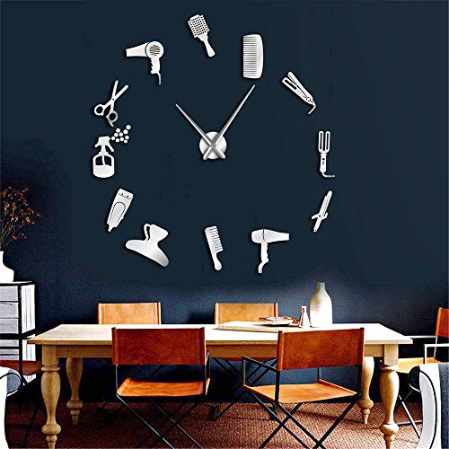 Haudang Reloj de pared gigante para peluquería con efecto espejo, juego de herramientas decorativas, sin marco, reloj de peluquería, decoración de pared, color plateado