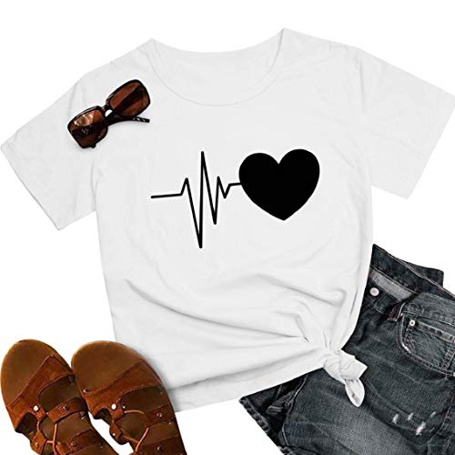 heekpek Camisetas Mujer Verano Manga Corta Casual Camiseta Holgada con Estampado de Amor y Labios T-Shirt Mujer Short Sleeve Shirt, Blanco, L