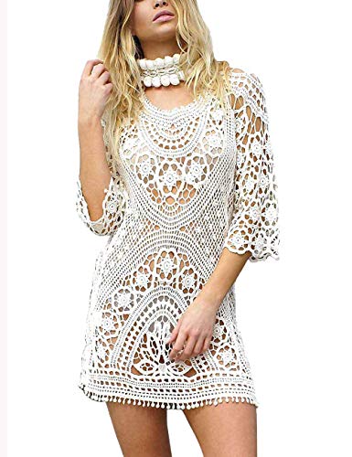 heekpek Vestido Playa Mujer Pareos Traje de Baño Bikini Camisola Playero Mangas Largas Cuello en V Hueco Borlas Pareos Ganchillo Boho Encaje