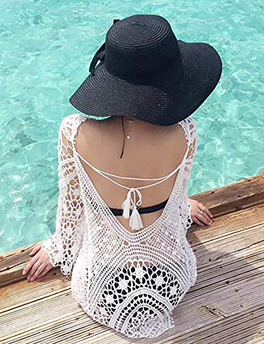 heekpek Vestido Playa Mujer Pareos Traje de Baño Bikini Camisola Playero Mangas Largas Cuello en V Hueco Borlas Pareos Ganchillo Boho Encaje