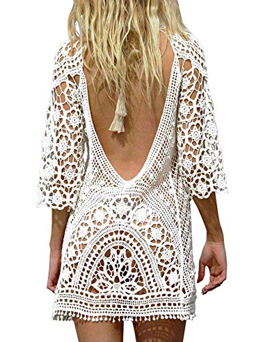 heekpek Vestido Playa Mujer Pareos Traje de Baño Bikini Camisola Playero Mangas Largas Cuello en V Hueco Borlas Pareos Ganchillo Boho Encaje