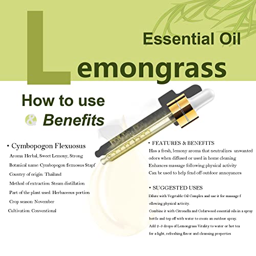 HEYTREE Aceite esencial de hierba de limón - Gran para la relajación - Reducir el estrés-para la aromaterapia, difusor, Productos de limpieza DIY, Ambientación