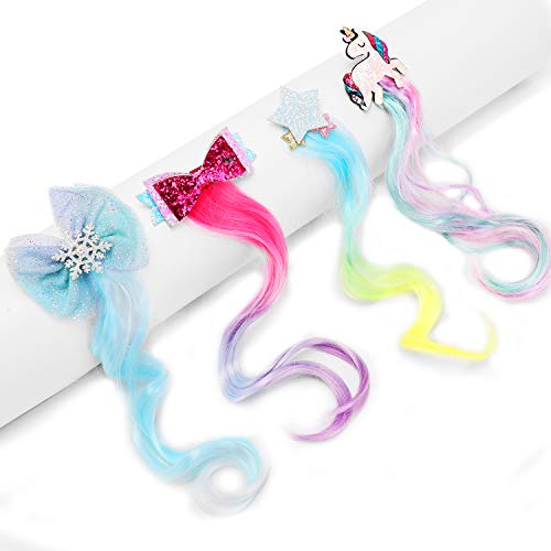 HIFOT 4PCS Extensiones de Clip de Pelo Rizos, Unicornio Princesa Estrella Lazos para Horquilla Tocados, Peluca Rizado Sintético Extensiones Colores, Partido Cosplay Fiestas Party