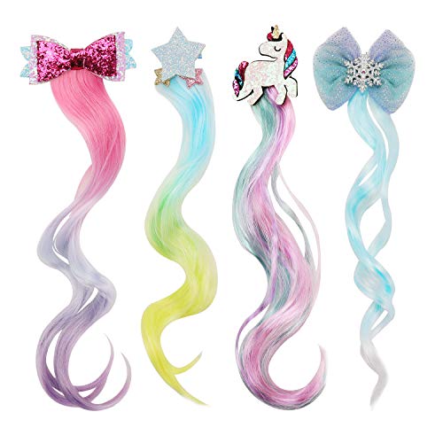 HIFOT 4PCS Extensiones de Clip de Pelo Rizos, Unicornio Princesa Estrella Lazos para Horquilla Tocados, Peluca Rizado Sintético Extensiones Colores, Partido Cosplay Fiestas Party