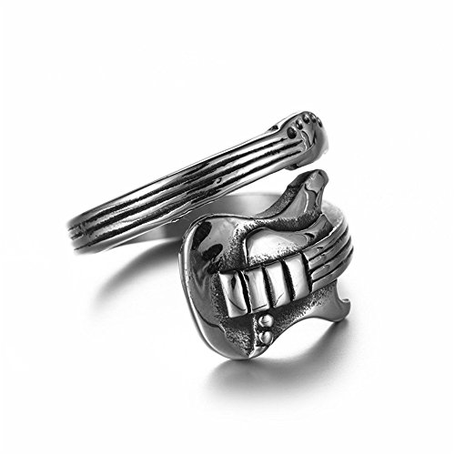 HIJONES Hombre Acero Inoxidable Punk Rock Wrap Alrededor De La Música De La Guitarra Anillo De Plata Tamaño 17