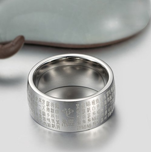 HIJONES Hombre Budista Mantra Corazón Sutra 10 Mm Ancho Anillo De Acero Inoxidable Banda, Sello De Escritura China Estilo Plata Tamaño 22