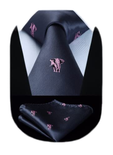 HISDERN Corbatas de Hombre rosa gris con Motivo elefante Modernas Boda Corbata y Pañuelo Conjunto Elegante de Business Partido