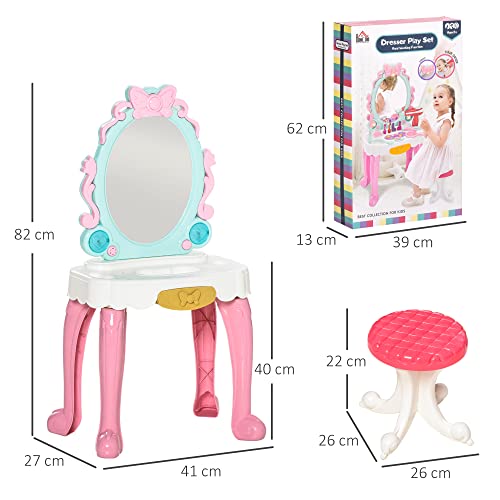 HOMCOM Tocador de Juguete para Niñas de +3 Años con Taburete y Espejo con Luz Música Incluye 20 Piezas Centro de Belleza Infantil 41x27x82 cm Rosa y Blanco