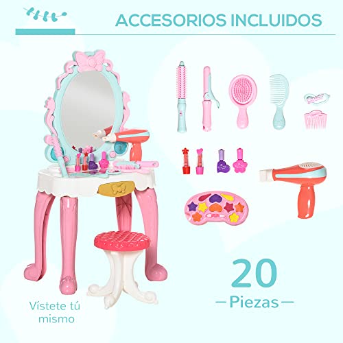 HOMCOM Tocador de Juguete para Niñas de +3 Años con Taburete y Espejo con Luz Música Incluye 20 Piezas Centro de Belleza Infantil 41x27x82 cm Rosa y Blanco